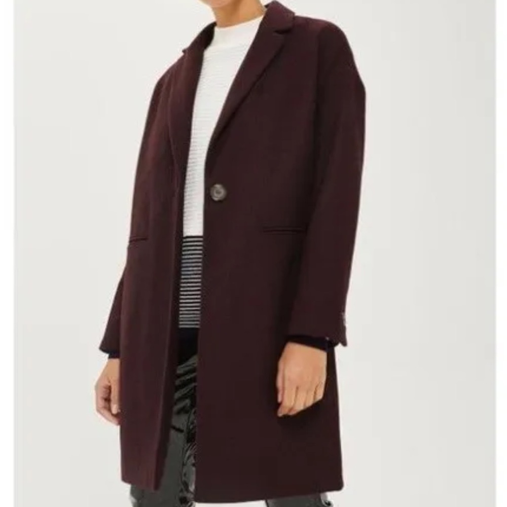 Topshop Women 4 Burgundy Wool Blend Single Button Closure Millie Relaxed Coat